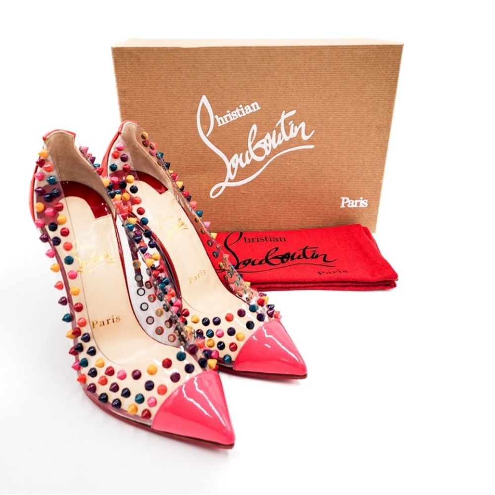 Christian Louboutin Patent Leather PVC Spike Me 100 Pink Pumps Heels 38